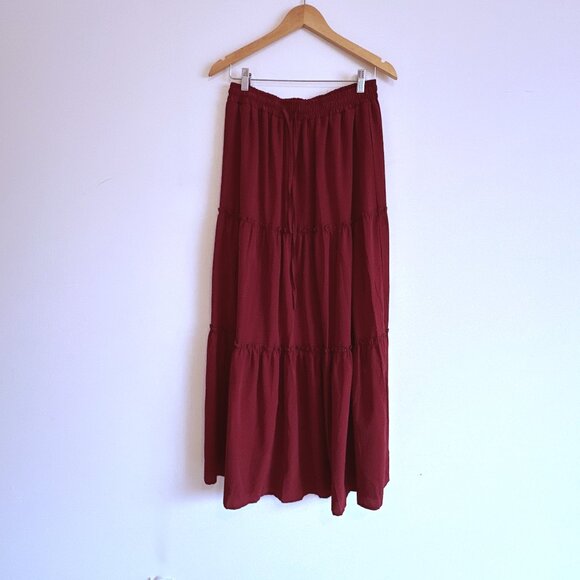 Dark Red Elastic Tie Waist Tiered Maxi Skirt - Picture 1 of 4
